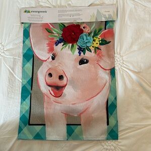 LEAVING CLOSET! NWT. Double-sided garden flag. Pig w 3D flowers. 12x18”.